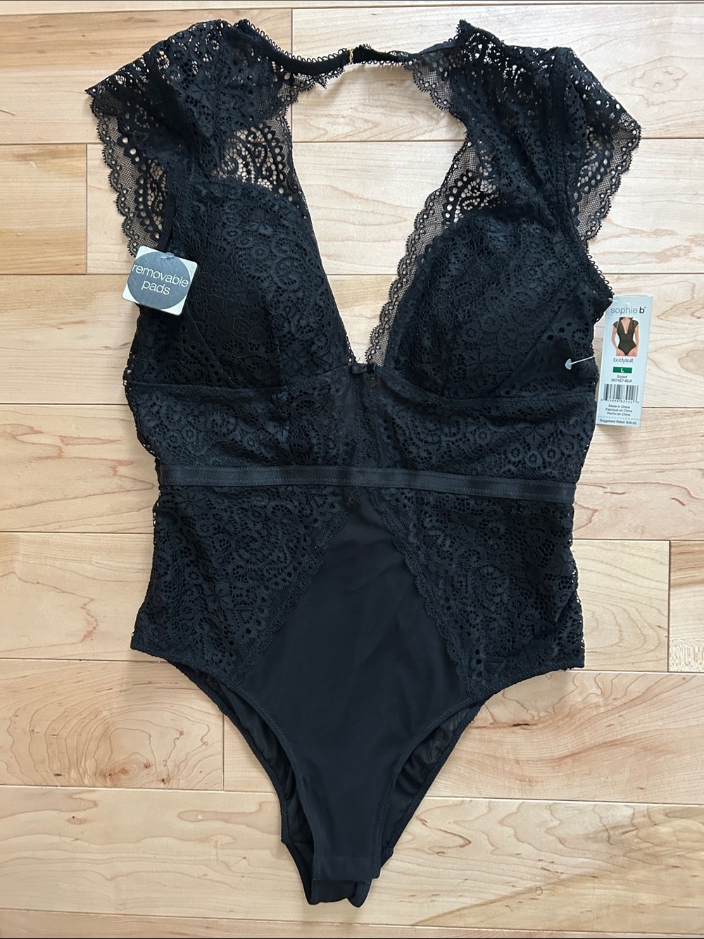 sophie b. Black Lace Bodysuit with Cap Sleeves